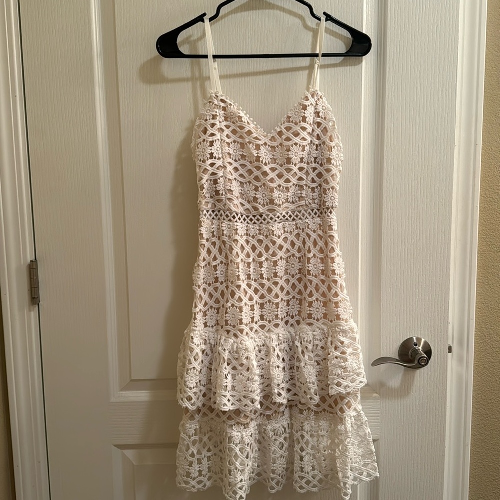 White lace and tan dress